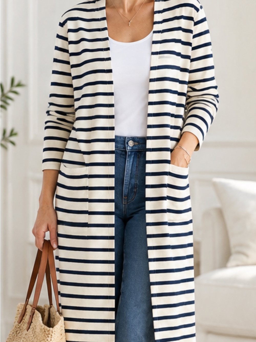 SAINT-JAMES Navy and Cream Striped Open-Front Cardigan Size 36